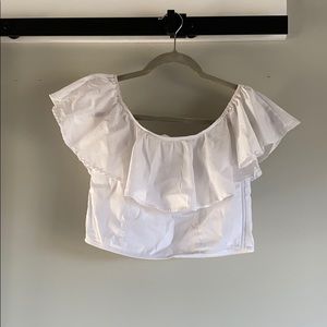 White off the shoulder ruffle fitted crop